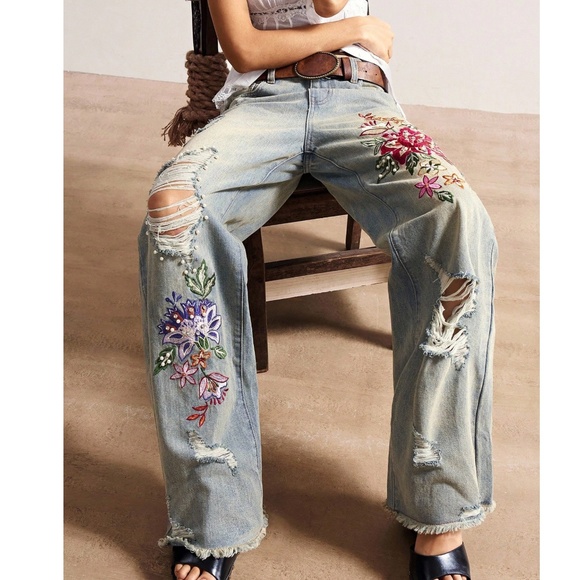 Boho Light Wash Floral Embroidered Distressed Straight leg Denim Jeans - Picture 2 of 6